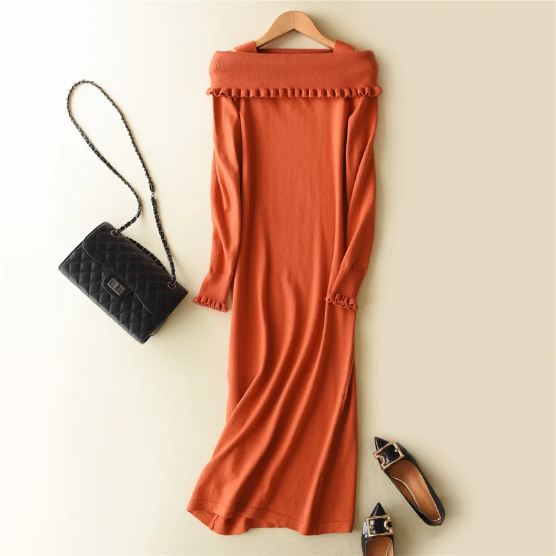 Женское вязаное длинное платье-пуловер с открытыми плечами | Женская одежда