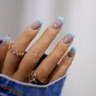 Накладные ногти, короткие, французские, сине-серые, квадратные, с клеем, 24 шт.