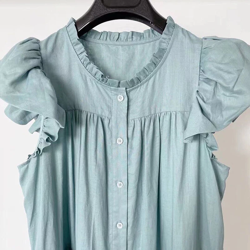 

Blue Casual Dress For Women O Neck Short Sleeve Solid Single Breasted Knee Length Dresses Female Summer New Clothes