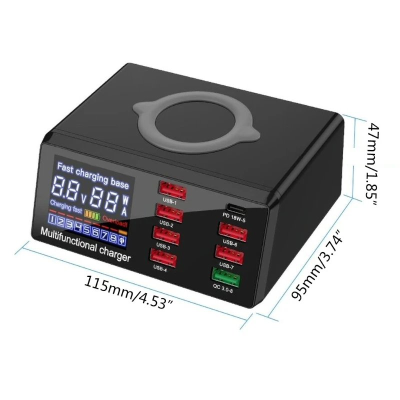 

100W Wireless USB Charging Dock PD QC3.0 Fast Charger Station Smart LED Display 8 Ports for Huawei Smartphones