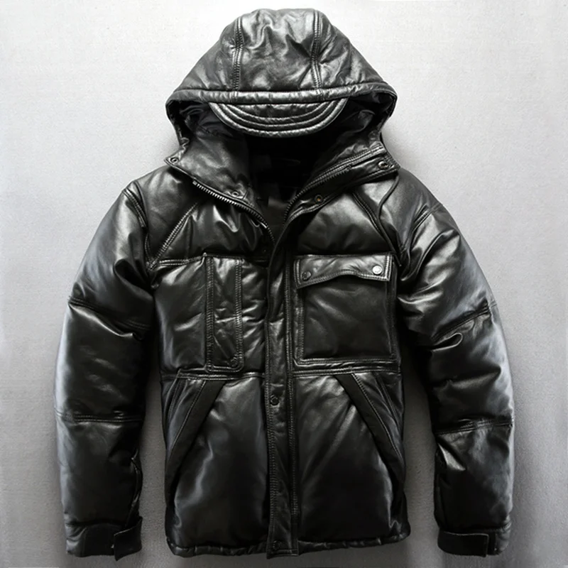 

jacket winter sheepskin white duck down genuine leather jacket men hooded real leather down coat for male