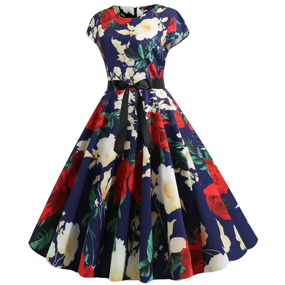 

New Arrival Women Printed Floral Dress Round Neck Short Sleeve Large Swing Dress Party