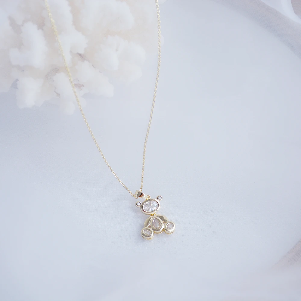 

2020 New Design Exquisite Movable Bear Women Necklace 14k Real Gold Elegant Zircon Necklace Birthday Gift Jewelry Brincos