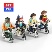 moc stranger things figure bicycle tv movie building block set friends motorcycle action figure brick model toys for children