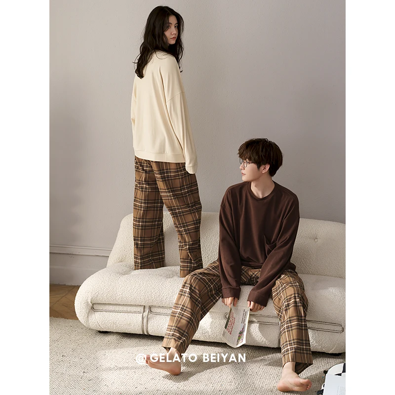 Spring and Autumn New Long-Sleeved Couple Pajamas Women's Pure Color Soft Cotton Home Wear Large Size Men's Fashion Suit