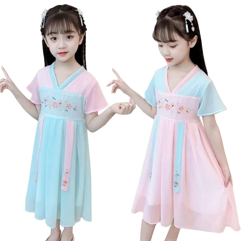 

New retro Chinese style girls dress summer chiffon casual girl dress