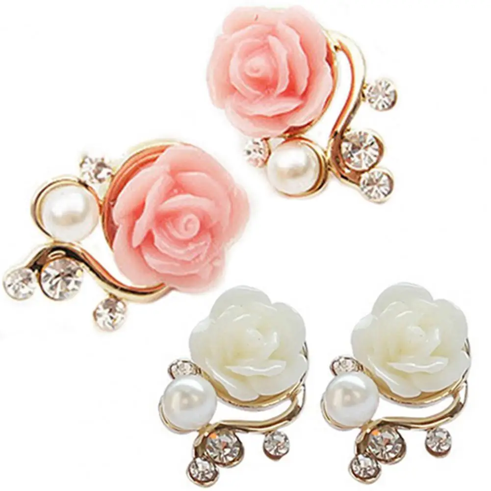 

80% Hot Sale 1Pair Women's Stud Earrings Korean Style Rose Shiny Rhinestone Faux Pearl Ear Studs Earrings aretes de mujer