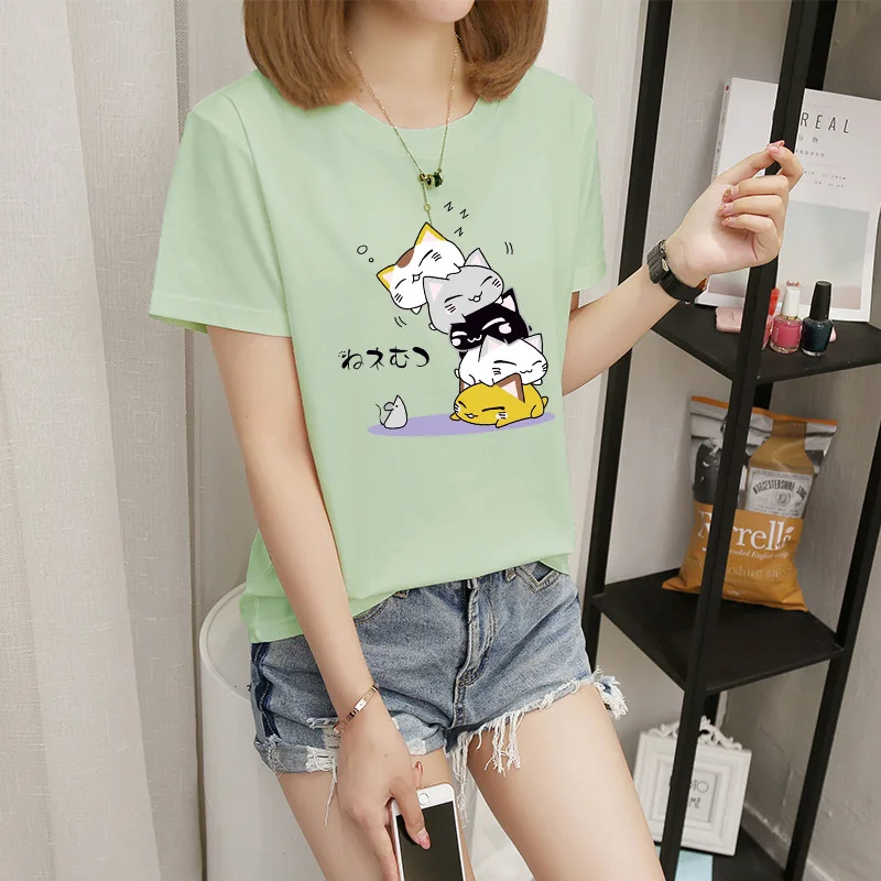 

2021 T-shirts Women Korean Fashion Tops Shirts Short Sleeve Round Neck Printing Nack T-Shirts Leisure Top Tee Casual Ladies Top