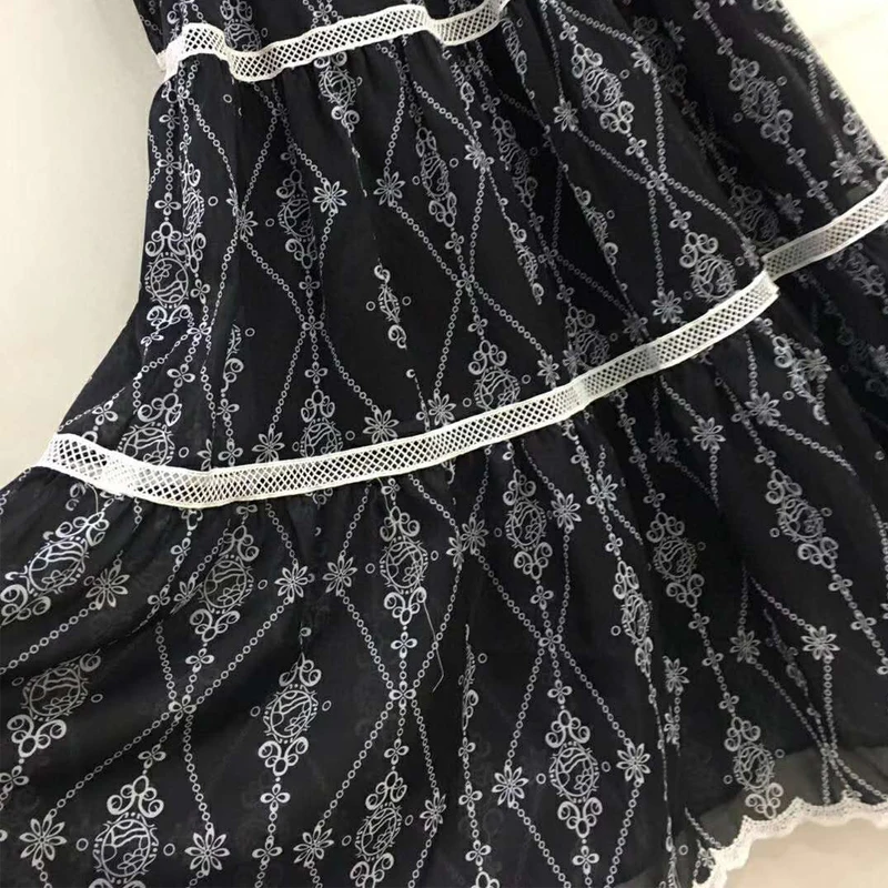 

AELESEEN Runway Fashion Black Dress Women 2020 Spring Long Sleeve Slash Neck White Floral Print Hollow Out Oversized Dress Party