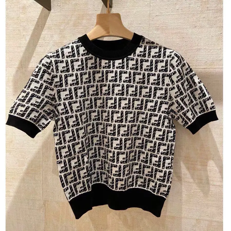 

Letter jacquard color matching knitted short sleeve T-shirt slim round neck Fashion Top