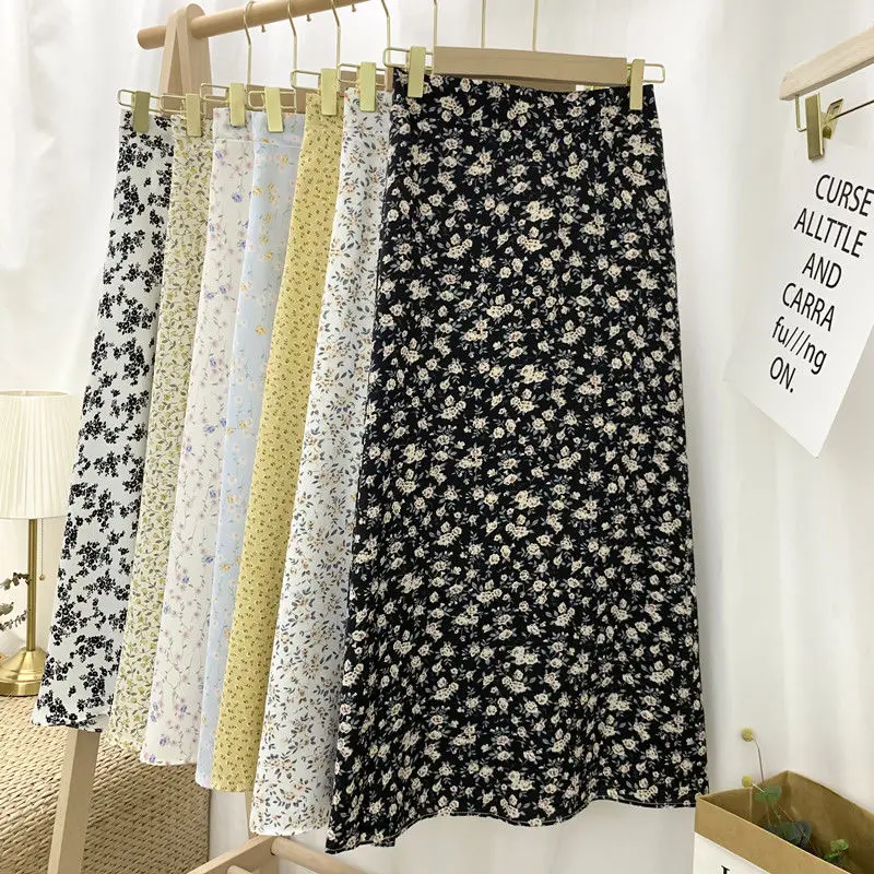 

Floral skirt women's 2021 summer new Chiffon high waist mid length skirt