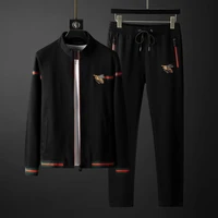 hong kong style autumn mens bee embroidery long sleeve sweater mens casual sports suit pants two piece mens suit