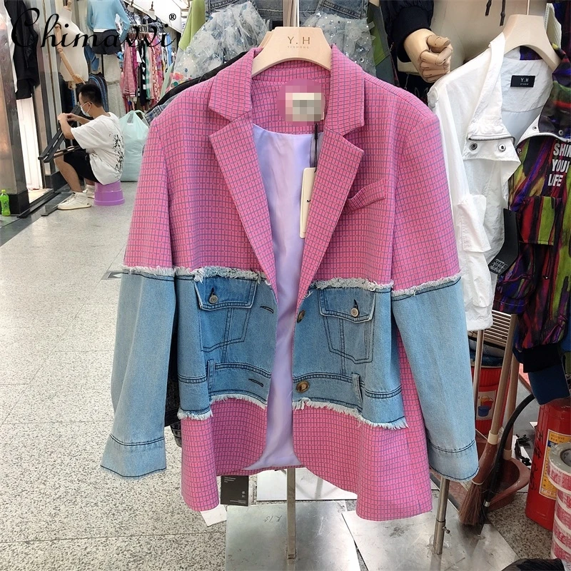 

Office Lady New Fashion Sweet Elegant 2021 Autumn Retro Plaid Stitching Denim Loose Suit Jacket All-matching Top Female