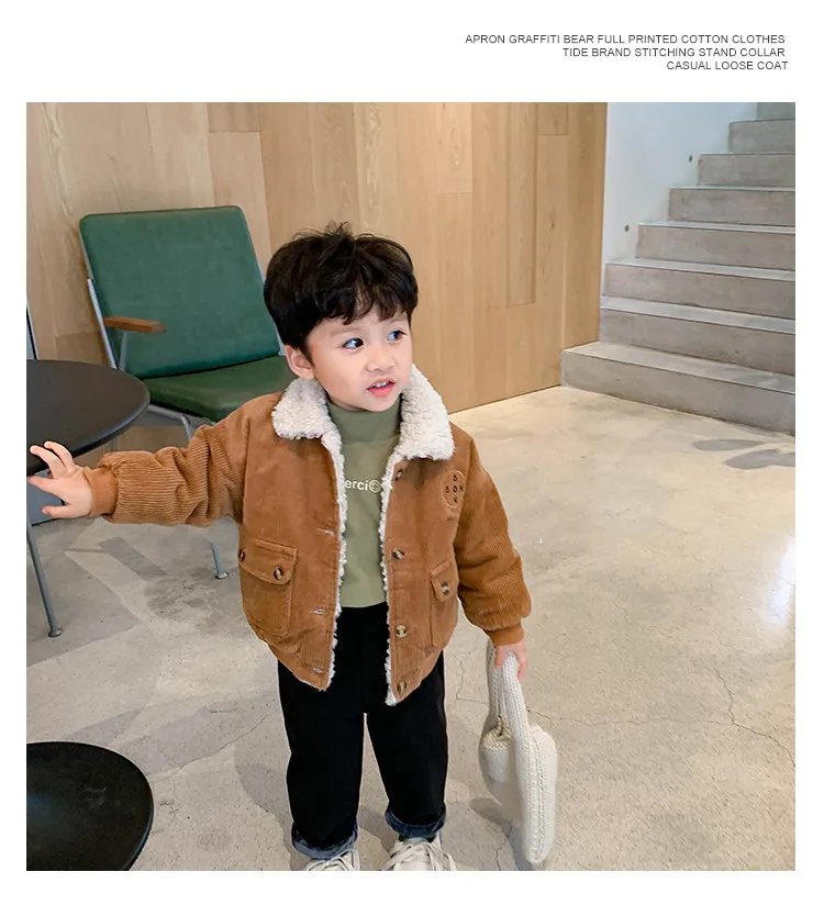

New Korean style winter long-sleeved Corduroy thick jacket outwear with faux lamb fur lining for boys
