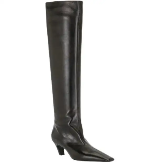 Black Leather Square Toe Knee High Boots Woman Fashion 4 cm Kitten Med Heels Slip On High Top Long Knight Boots Lady Drop Ship