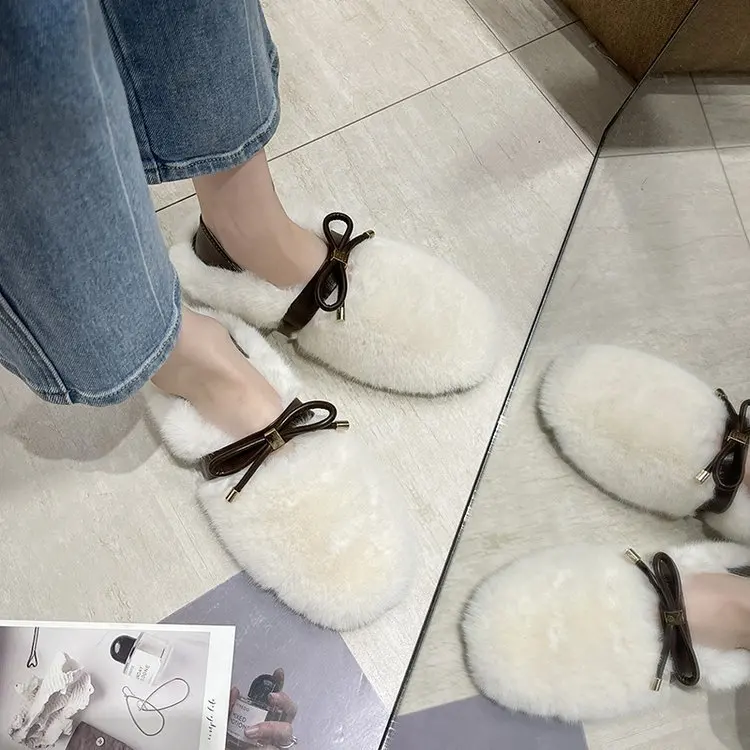 

Женские мокасины с бантом, Повседневные кроссовки с круглым носком, лоферы на меху, универсальные резиновые туфли с бабочкой, в Корейском ст...