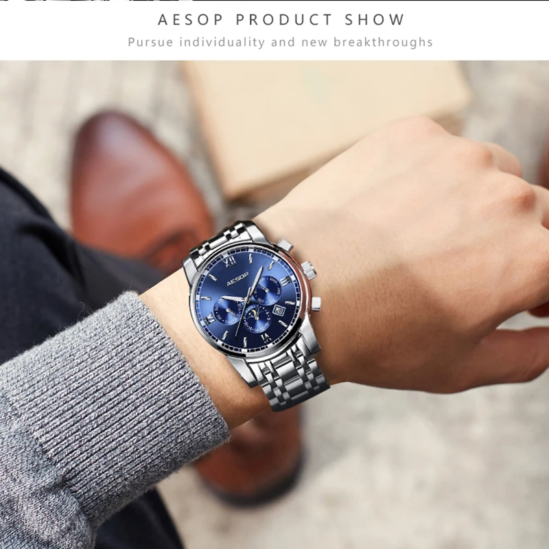 

Men Mechanical Watch Waterproof Stainless Steel Automatic Business Watches Multifunction Auto Date Moon Phase Wristwatch