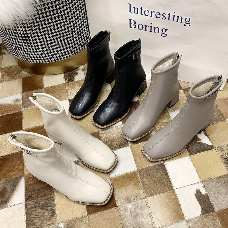 

Women's Winter Boots Thick Heel Square Toe Women Boots Winter White Zipper Boots Female Women Shoes High Heels Zapatos De Mujer