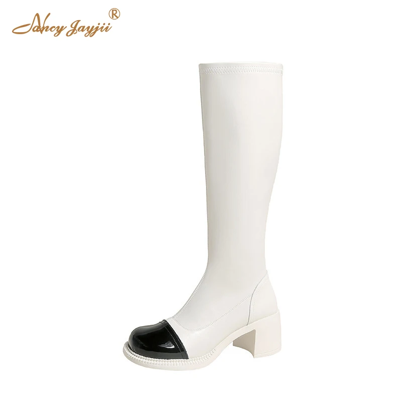 

Nancyjayjii Women’S Knee High Boots White Genuine Leather Cap Toe Super High Chunky Heel Ladies Long Booties Winter Zipper Shoes
