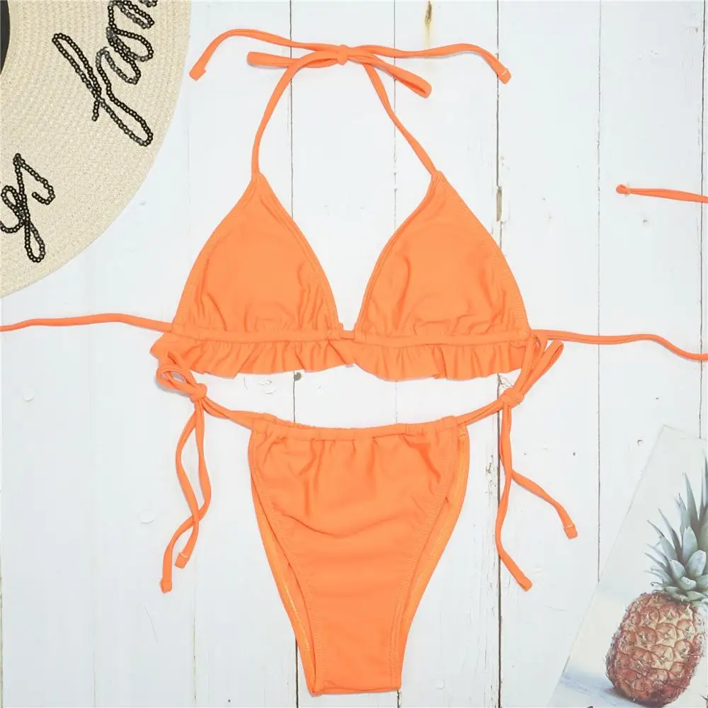 Женский купальник с пуш ап бразильский низкой талией и лямкой на шее 4 цвета