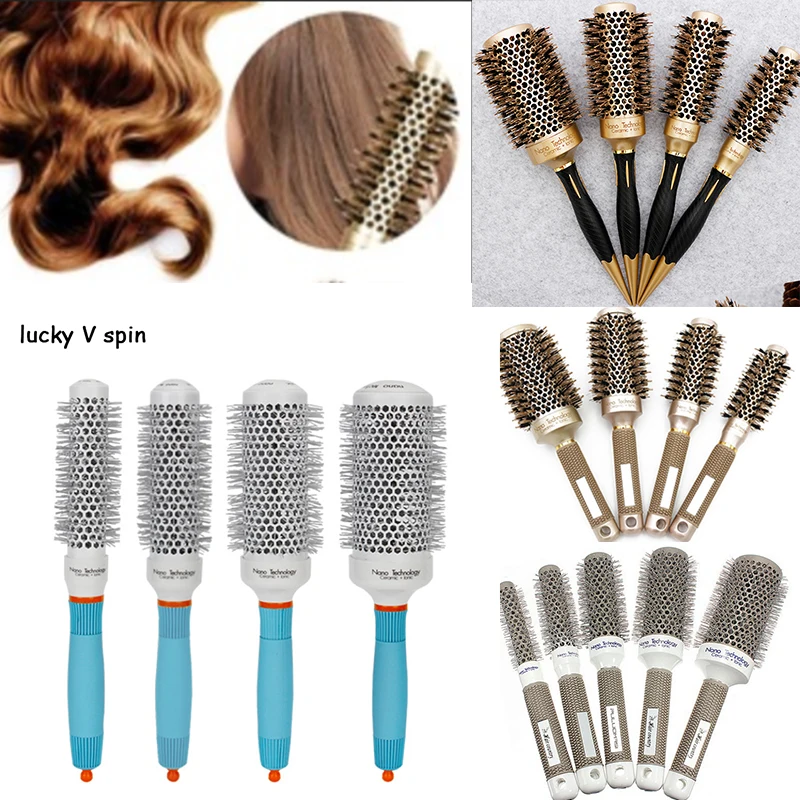 

Hot Selling 4 set differen Durable Ceramic Iron aluminium tube gold Round Comb Hair Dressing Brush Salon Styling Barrel