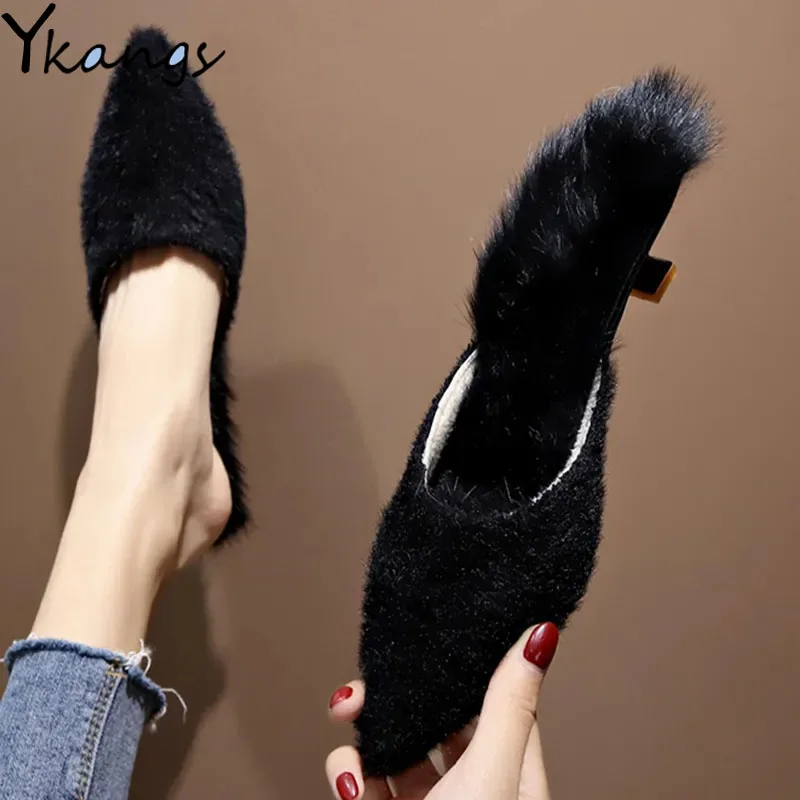 

Winter Outdoor Warm Women's Rabbit Fur Slippers Korean Fashion Low Heel Ladies Plush Slippers Casual All-match Fluffy High Heels