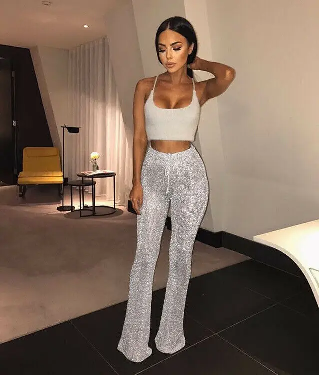 

Women's Bell Bottom Long Pants Sequin High Waisted Clubwear Party Knit Trousers