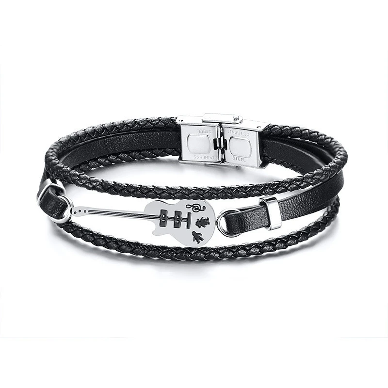 

2021 New Style Multi Layers Genuine Leather Bracelet Charm Stainless Steel Guitar Bangles For Women Jewelry Gift Free Shipping