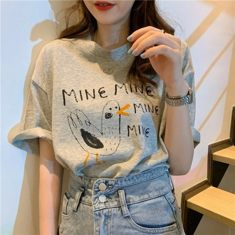 Женская футболка с коротким рукавом серая Повседневная Свободная круглым