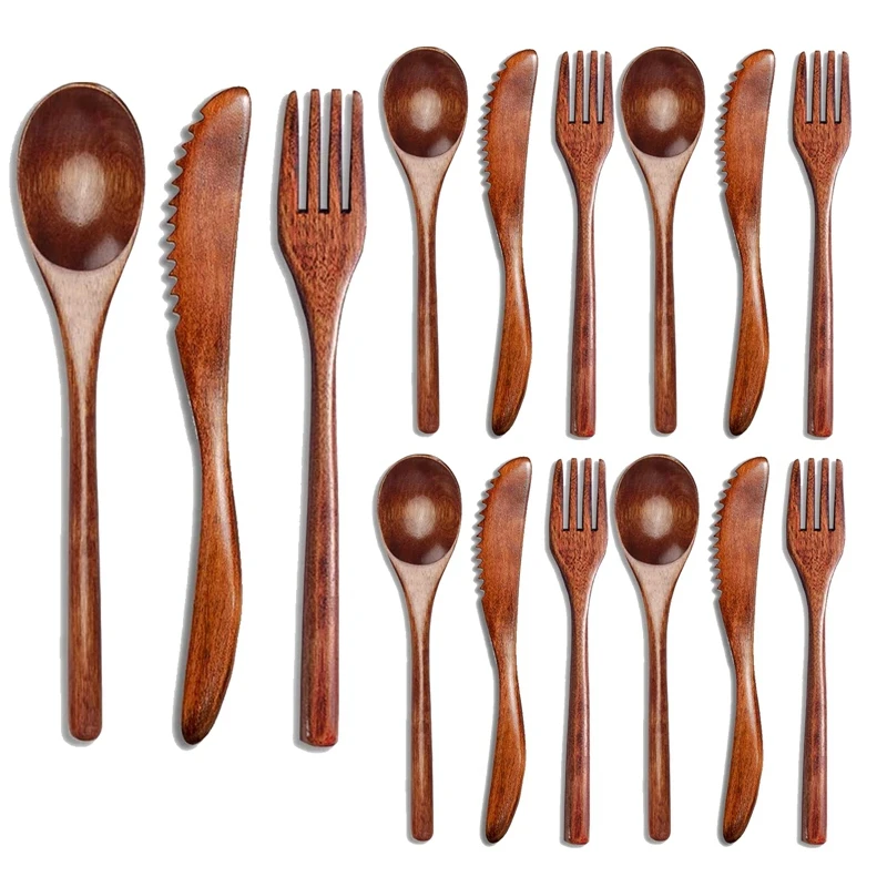 

15 Pcs Wooden Spoon Fork Knife Cutlery Set Wooden Dinner Utensil Set Kitchen Wooden Flatware Tableware Cutlery Set