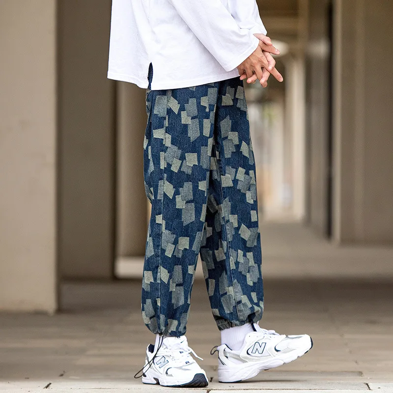 Summer New Jacquard Patch Blue Jeans Men's Trendy Brand Large Size Loose Straight-Leg Pants Drawstring Wide-Leg Denim Trousers