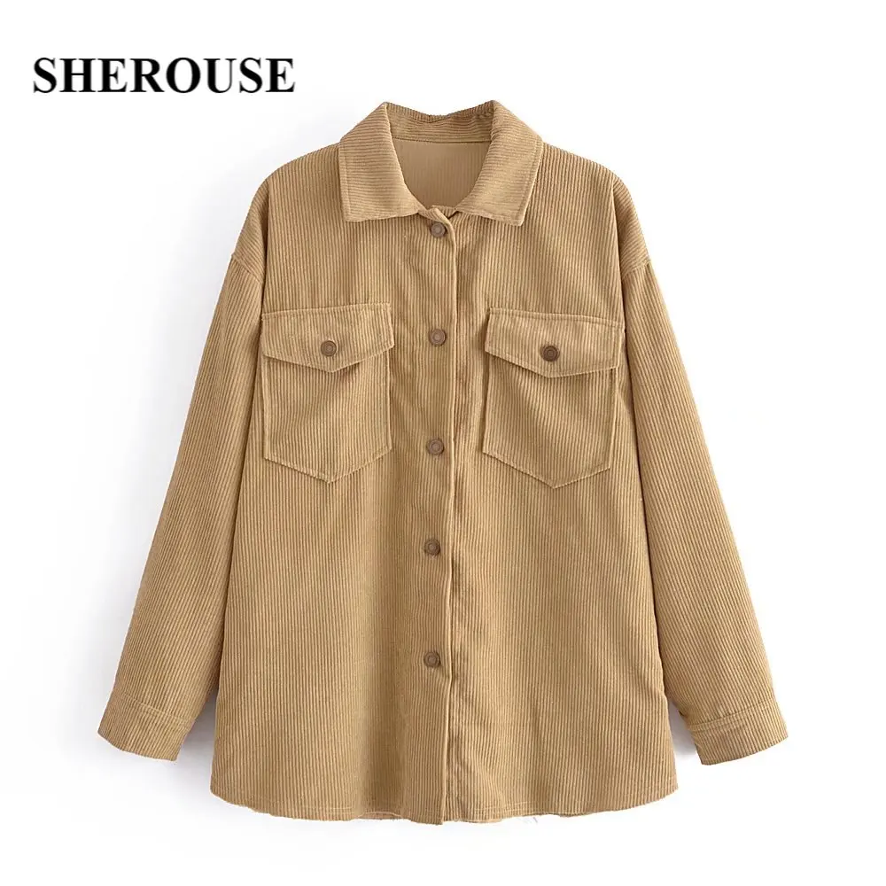 

SHEROUSE Women Fashion With Pocket Single Breasted Solid Jacket Lapel Collar Long Sleeves Vintage Female Shirt Coat Chic Outfit