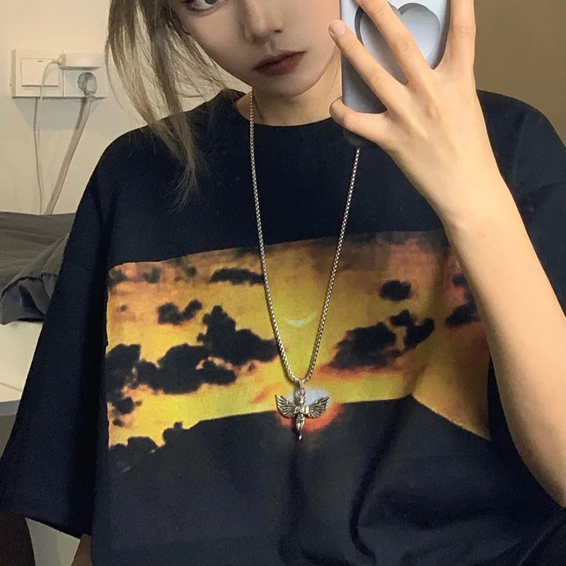 Женские Модные свободные футболки в Корейском стиле топы с природным пейзажем