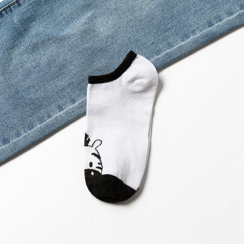 5 Pairs Black White Zebra Summer Cartoon Thin Women Casual Cotton Funny Animals Female Cute Kawayi Happy Girls Boat Socks