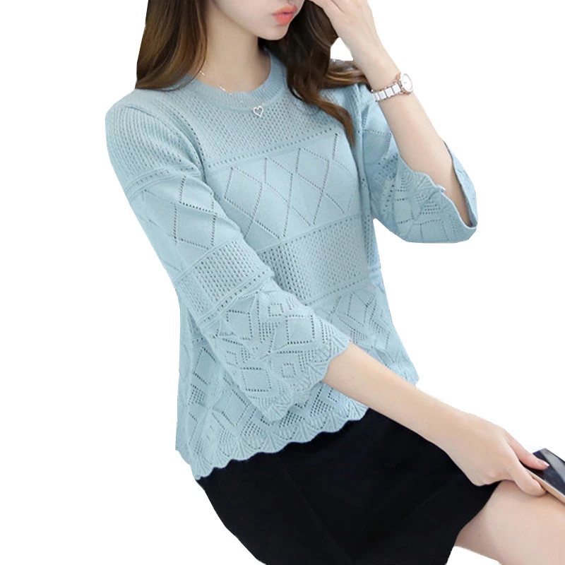 

2020 Fashion New Summer Pullover Tops Korean Hollow Out Thin Women Knitted Loose Cute Half Sleeve Jumpers Ladies Clothes Tide