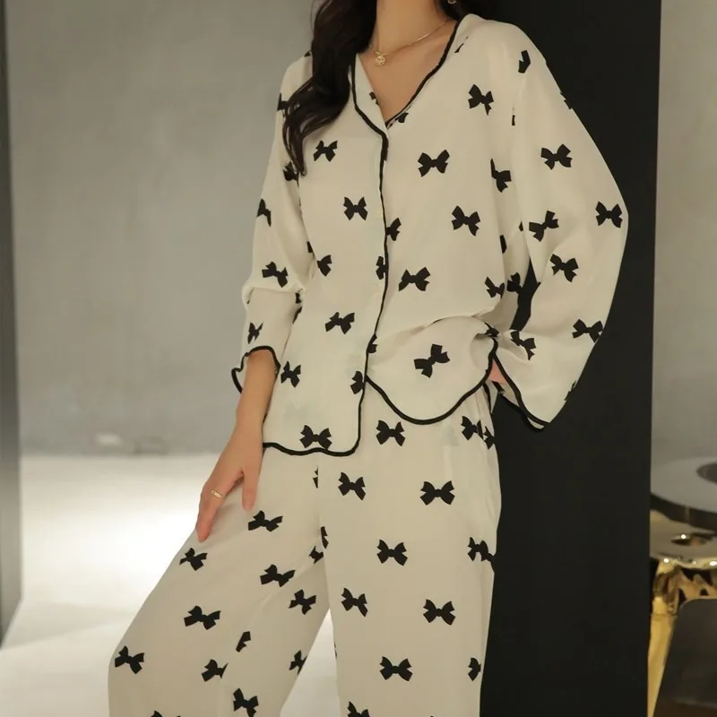 

Bow Print Room Wear Polka Dots Pajamas for Women Satin Pyjama Femme Spring Pijama Sets Sweet Night Wear Long Sleeve Nightie