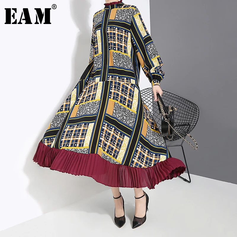 [EAM] Women Pattern Print Pleated Hit Color Dress New Stand Neck Long Sleeve Loose Fit Fashion Tide Spring Autumn 1A884