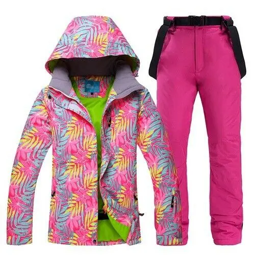 Fashion Print Ski Suit Women Thick Warm Waterproof Windproof Snowboarding Jacket Pants Set