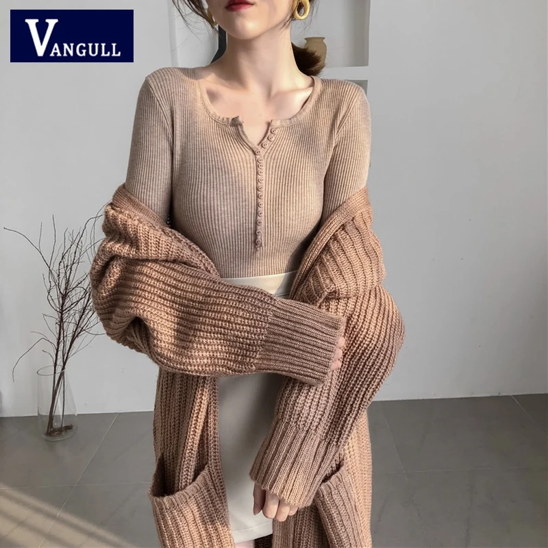 

Vangull Solid Knitted Pullovers Women Autumn Winter Vintage V-neck Single-breasted Slim Soft Sweater Tops Female Basic Knitwear