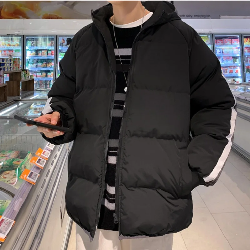 Korean Fashion Bear Print Hooded Cotton Jacket Men's Autumn and Winter Thickening and Velvet Bread Jacket Winter Clothes