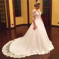2020 sexy v neck lace appliques beaded tulle vestido de noiva bridal gowns plus size long sleeve ball gowns wedding dress