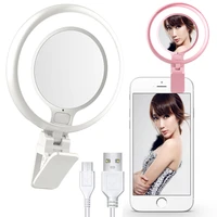 portable 4 level adjustable led selfie fill ring light with phone clipmakeup mirror usb charge for live stream tiktok camera