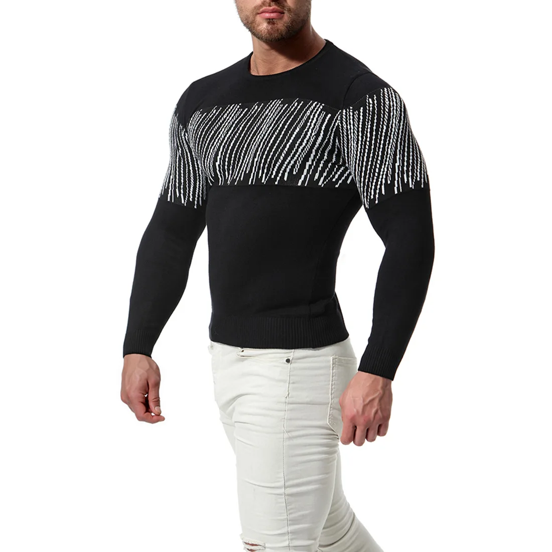 

Vogue New Men Cotton Stripe Pattern Knitting Slim Sweater Fashion Men Round Neck Long Sleeve Pullover Sweater Black Red S-2XL