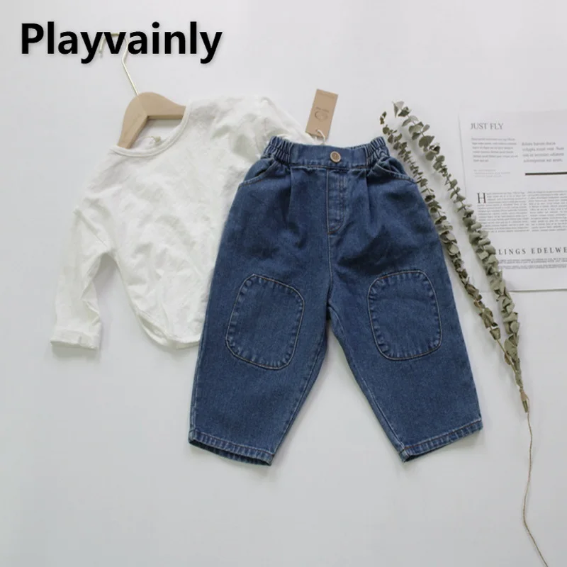 

Джинсовые брюки для мальчиков и девочек, темно-синие широкие штаны-шаровары в Корейском стиле, детская одежда в стиле ретро, E1136, осень 2021