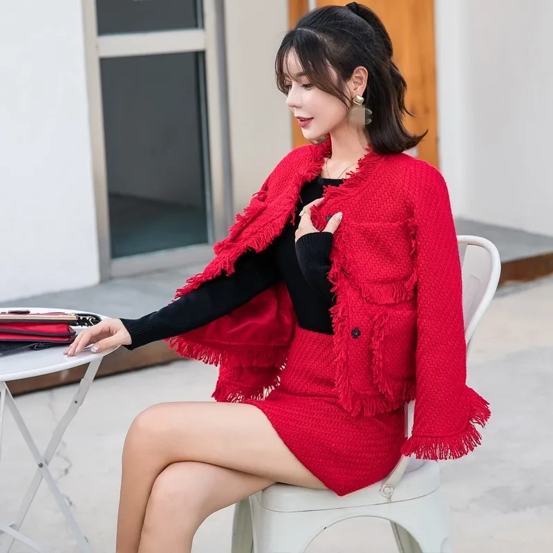 

Elegant Womens Red Tassel Tweed Short Coat Mini Wrap Skirt Two Piece Set 2021 New Spring Single Breasted Jacket Office Skirt Set