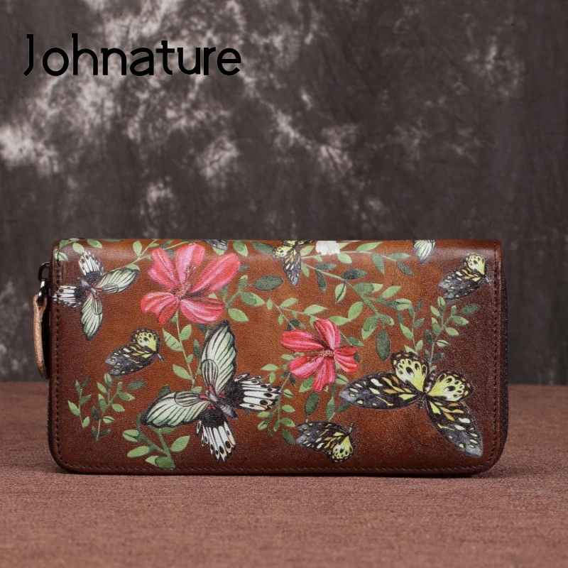 

Johnature 2022 New Retro Long Hand Wallet Genuine Leather Womens Wallets And Purses Hand Painted Wallet Card Holder Phone Purse