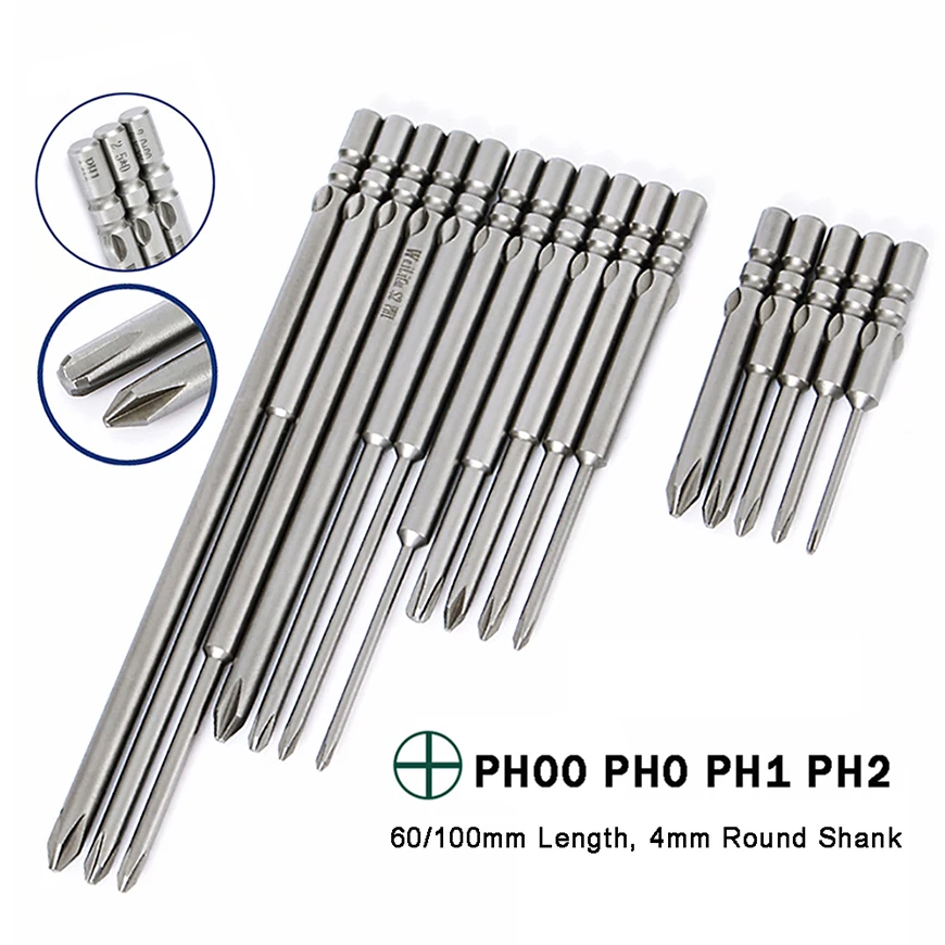 

5pcs Magnetic Cross Bit Batch Head 60mm 100mm Length PH00 PH0 PH1 PH2 Electric Screwdriver Bits Hand Drill Bit 4mm Round Shank