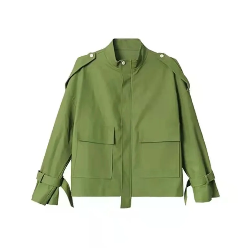 

Short Faux Leather Jacket Green Lady Smooth Long Sleeve Mujer PU Black Overcoats Spring Fall