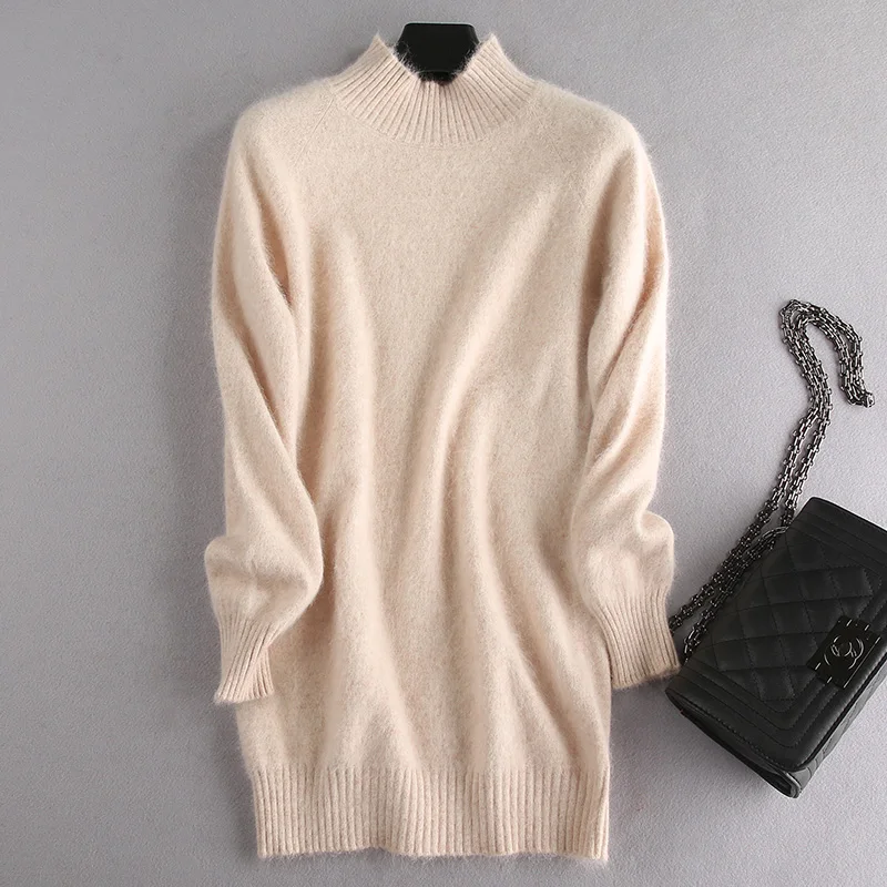100% Mink Cashmere Women Turtleneck Knitted Long Pullovers Autumn Winter Casual Loose Solid Sweaters Thicken Knitting Jumper