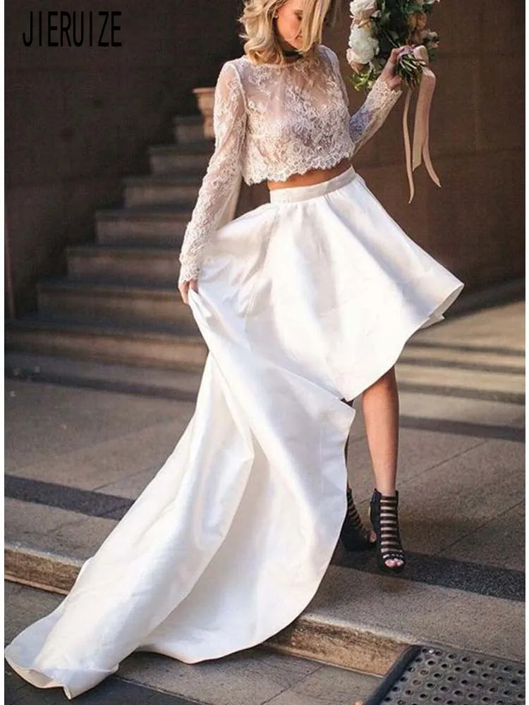

JIERUIZE Simple Lace Two Pieces Wedding Dresses Scoop Neck Long Sleeve High Low Boho Wedding Gowns Button Back Vestido de novia